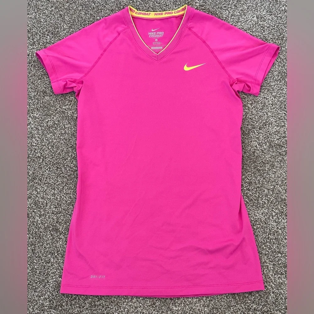 Nike Pink Dri-FIT V-Neck Short Sleeve Top with Yellow Swoosh